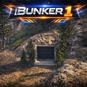 Könnte beinhalten: Ein Betoneingang zu einem Bunker, der in einen felsigen Berghang mit Nadelbäumen eingebaut ist. Über dem Eingang zeigt ein leuchtendes digitales Schild den Text BUNKER 1 in weißen und orangefarbenen Buchstaben mit Lichteffekten.