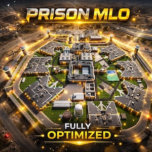 May include: An aerial view of a prison complex with the text "PRISON MLO" in gold letters. The image shows multiple buildings, roads, and green spaces, with the words "FULLY OPTIMIZED" at the bottom. The overall color scheme is a mix of brown, green, and gold.