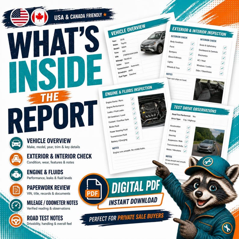 Auto-Inspektionsbericht USA Kanada PDF, Gebrauchtwagen-Inspektionsleitfaden, druckbare Auto-Checkliste, Titel-Kilardzähler, Testfahrt-Hinweise Bild 2