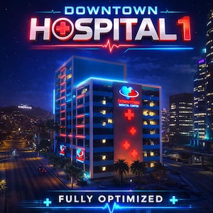 May include: A nighttime cityscape featuring a modern hospital building with the text "DOWNTOWN HOSPITAL 1". The building has blue and red neon accents, with the words "DOWNTOWN MEDICAL CENTER" and a cross symbol. The words "FULLY OPTIMIZED" are also visible.