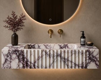 Luxus Geriffelte Marmor Schwimmende Waschbecken Eitelkeit | Modernes an der Wand befestigtes Steinwasch-Becken | Minimalistisches Gästebuch
