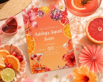 Invitación para fiesta al atardecer, invitación para fiesta de cítricos rosas, temática veraniega de bola de discoteca, plantilla editable de Canva, descarga digital.