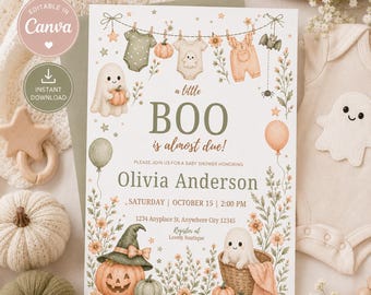 Könnte beinhalten: Eine rechteckige Einladungskarte für eine Babyparty mit Aquarellillustrationen von Geistern, Kürbissen und Babykleidung auf einer Wäscheleine. Der Text lautet a little BOO is almost due, Olivia Anderson, Samstag, 15. Oktober, 14:00 Uhr, 1234 Anyplace St.