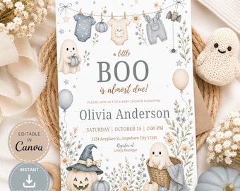 May include: A baby shower invitation card featuring watercolor illustrations of ghosts, pumpkins, baby clothes on a clothesline, and floral elements. The text reads: a little BOO is almost due! PLEASE JOIN US FOR A BABY SHOWER HONORING Olivia Anderson.