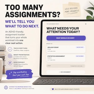 May include: A tablet displaying an assignment tracker interface with the text "TOO MANY ASSIGNMENTS?" and "WHAT NEEDS YOUR ATTENTION TODAY?". The screen shows a "WHAT SHOULD I DO NOW?" button, a biology essay, and a statistics assignment list.