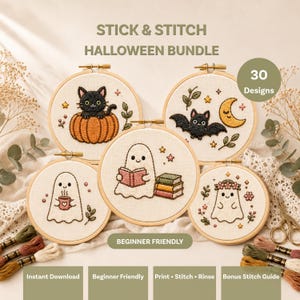 Ensemble de 30 mini-motifs de broderie à la main pour Halloween (format PDF), à imprimer, idéal pour les débutants.