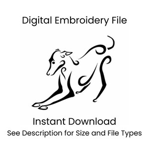 Puede incluir: Una ilustración de arte lineal negro de un perro en una pose juguetona y estirada. El texto de arriba dice Digital Embroidery File, y el texto de abajo dice Instant Download. See Description for Size and File Types.