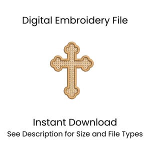 Könnte beinhalten: Eine digitale Stickdatei mit einem beigefarbenen Kreuz, das ein strukturiertes, gewebeartiges Muster und eine durchgehende Umrandung aufweist. Der Text lautet Digital Embroidery File, Instant Download und See Description for Size and File Types.