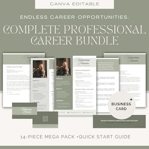 Puede incluir: Un completo paquete profesional de carrera en un diseño verde suave y blanco. El paquete incluye un currículum vitae, una carta de presentación, una tarjeta de visita y una guía de inicio rápido. El texto incluye "Endless Career Opportunities" y "Complete Professional Career Bundle."