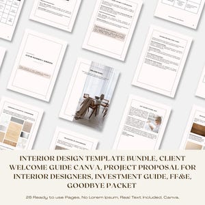 Puede incluir: Un paquete de plantillas de diseño de interiores que incluye varias páginas de documentos con texto, tablas e imágenes. La colección contiene una guía de bienvenida para clientes, propuestas de proyectos, guías de inversión y más.