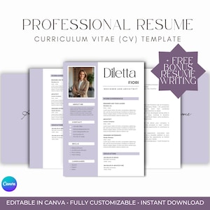 Puede incluir: Una plantilla de currículum vitae profesional con un diseño moderno. La plantilla presenta una foto, secciones para la experiencia laboral, habilidades y educación, y el texto "Professional Resume" y "Curriculum Vitae (CV) Template". El diseño utiliza morado y blanco.