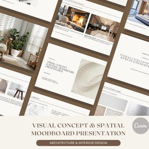 Puede incluir: Una presentación con múltiples diapositivas que muestran conceptos de diseño de interiores. Las diapositivas presentan imágenes de espacios interiores, texturas y elementos de diseño. El título "VISUAL CONCEPT & SPATIAL MOODBOARD PRESENTATION" se muestra en la parte inferior, con "ARCHITECTURE & INTERIOR DESIGN" debajo.