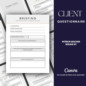Pode incluir: Um formulário de resumo de design de interiores branco e cinza com campos para informações do cliente e detalhes do projeto. O texto "BRIEFING" e "ARCHITECTURE | INTERIOR DESIGN" estão no topo. As palavras "CLIENT QUESTIONNAIRE" e "INTERIOR DESIGNER RESUME KIT" também são visíveis.