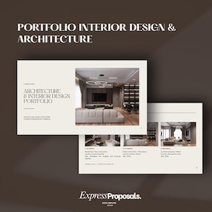 Puede incluir: Una plantilla de portafolio digital para diseño de interiores y arquitectura con un diseño en color crema y texto marrón oscuro. Las páginas muestran imágenes de proyectos de espacios modernos, incluyendo sofás, iluminación y muebles.