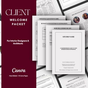 Puede incluir: Un paquete de bienvenida para clientes de diseñadores de interiores y arquitectos. La portada es de color burdeos oscuro con texto blanco. El paquete incluye un cuestionario de estilo de vida, estimación de presupuesto y guía de comunicación.
