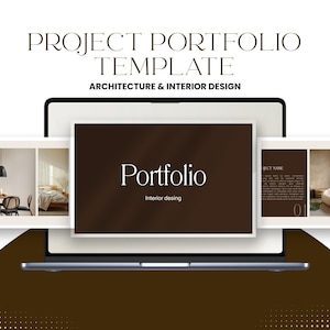 May include: A laptop displaying a project portfolio template for architecture and interior design. The screen shows a portfolio cover with the title "Portfolio" and the words "Interior desing". The laptop is set against a white background.