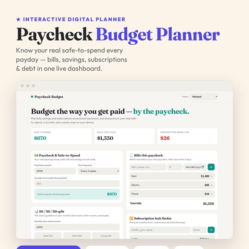 Interactive Paycheck Budget Planner, Safe-to-Spend Tracker (Digital Download) afbeelding 1
