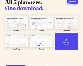 Interactive Digital Planner Bundle, Budget, ADHD, Meal Prep, Fitness, Etsy Seller (Instant Download)