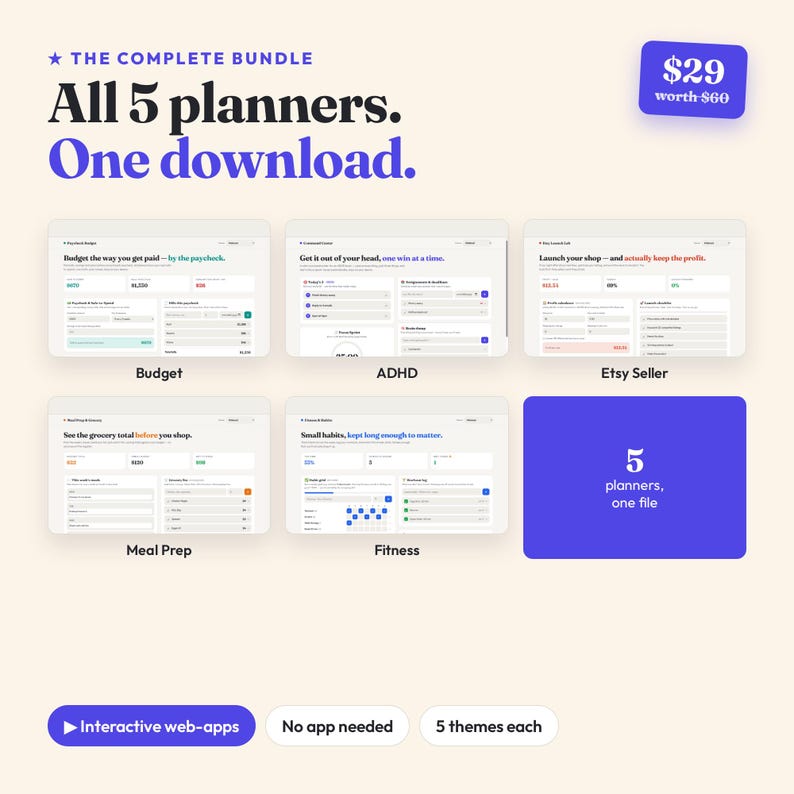 Interactive Digital Planner Bundle, Budget, ADHD, Meal Prep, Fitness, Etsy Seller (Instant Download) imagem 1