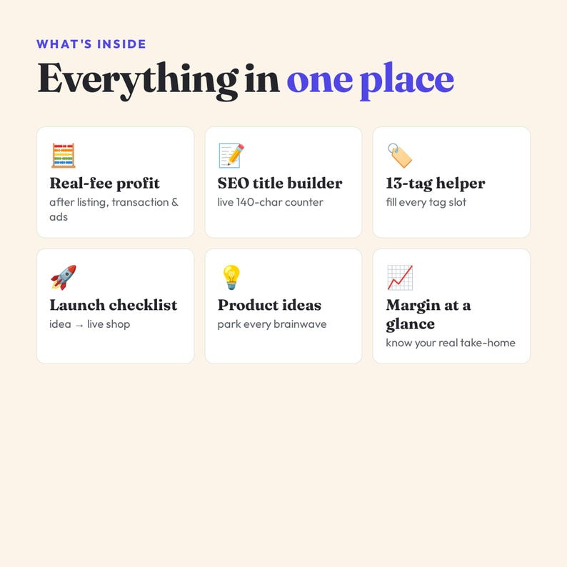 Etsy Seller Planner, Profit Calculator, SEO Title Tool, Launch Checklist (Digital) afbeelding 2