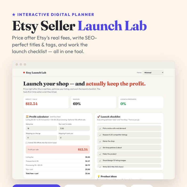 Etsy Seller Planner, Profit Calculator, SEO Title Tool, Launch Checklist (Digital) afbeelding 1
