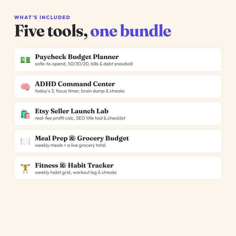 Interactive Digital Planner Bundle, Budget, ADHD, Meal Prep, Fitness, Etsy Seller (Instant Download) imagem 2