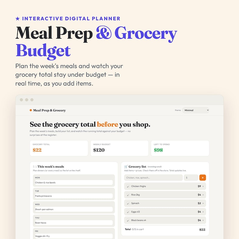Interactive Meal Planner Grocery Budget (Digital Download) afbeelding 1