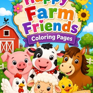 Puede incluir: Portada de un libro para colorear infantil con el título "Happy Farm Friends Coloring Pages". La imagen presenta animales de granja de dibujos animados, incluyendo un cerdo, una vaca, un caballo, una gallina, una oveja y un pato. Un granero rojo y un sol sonriente en el fondo.