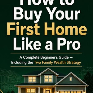 Könnte beinhalten: Digitaler Download-Titel mit dem Titel "How to Buy Your First Home Like a Pro" in weißem und goldenem Text. Das Cover enthält eine Hausillustration und den Text "A Complete Beginner's Guide - Including the Two Family Wealth Strategy."