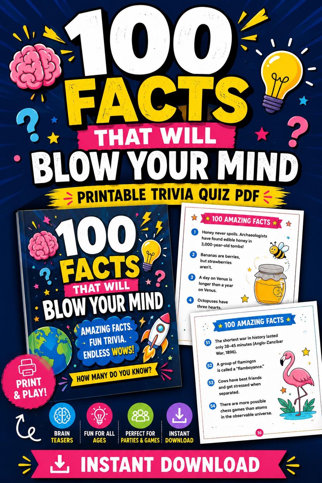 100 Mind-blowing Facts Trivia Quiz | Brain Teasers, Puzzles (digital ...
