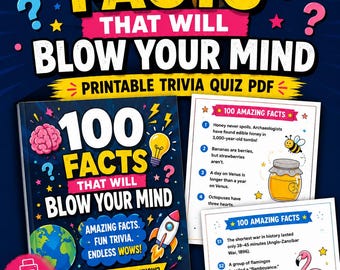 100 Mind-Blowing Facts Trivia Quiz PDF: Brain Teasers, Puzzles, Fun Facts (Digital Download)
