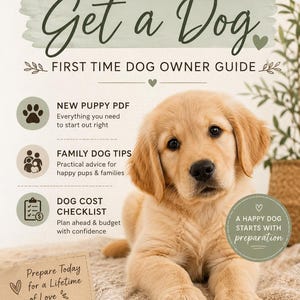 Op de afbeelding: Een gouden retriever puppy staat op een gids met de titel "Voordat je een hond neemt". De gids biedt advies voor nieuwe hondenbezitters, waaronder een puppy-PDF, familietips en een kostenchecklist. De tekst bevat ook "Bereid je vandaag voor op een leven vol liefde."