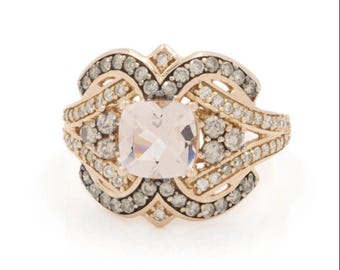 LeVian 14K Rose Gold Morganite Chocolate Diamond Ring Size 7 Natural Peach Morganite Cushion Cut Statement Ring