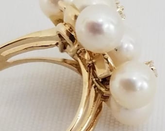 Vintage 14K Yellow Gold Pearl & Diamond