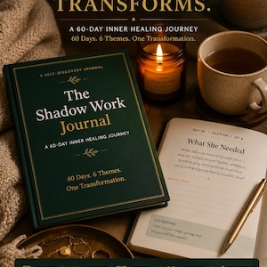 May include: A dark green journal titled "The Shadow Work Journal" with gold lettering, open to a page with text. A lit candle, a cup of tea, and a gold pen are also visible. The journal promises a 60-day inner healing journey.