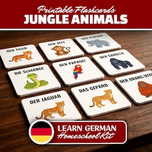 May include: A set of square white flashcards featuring colorful cartoon illustrations of jungle animals including a tiger, monkey, elephant, snake, parrot, gorilla, cheetah, and orangutan, each labeled with its corresponding German name in black text.