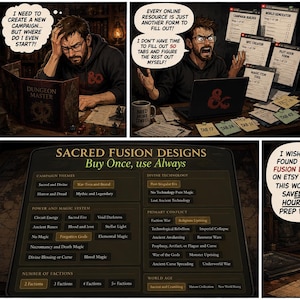 Puede incluir: Una tira cómica de varios paneles que muestra a una persona usando la herramienta de creación de campañas Sacred Fusion Designs en un portátil. Los paneles muestran la frustración de la planificación manual y el alivio al usar este recurso digital.