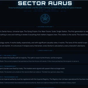 Może przedstawiać: Ciemnoniebieski dokument cyfrowy zatytułowany SECTOR AURUS z emblematem gwiazdy i tekstem opisującym umierające imperium w niedalekiej przyszłości. Treść zawiera sekcje dotyczące przeglądu wszechświata oraz imperialnych dyrektyw.