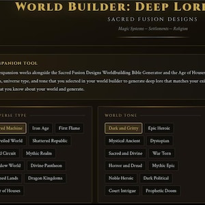 Puede incluir: Una interfaz digital titulada World Builder: Deep Lore Expansion de Sacred Fusion Designs. Incluye una descripción de la herramienta complementaria y cuadros de selección para el tipo de universo, el tono del mundo y el número de asentamientos.