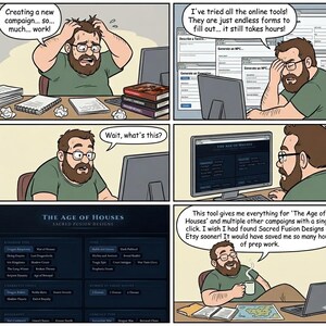 May include: A six-panel comic strip featuring a bearded person with glasses using a computer. The character expresses frustration with online campaign tools, then discovers a website titled The Age of Houses by Sacred Fusion Designs.