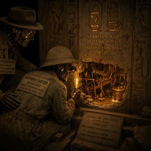 May include: An artistic depiction of an archeological discovery. Two figures, possibly robots, examine a tomb. The tomb wall is inscribed with hieroglyphs and the name "Tutankhamun." A sign reads "Valley of the Kings, Luxor, Egypt."