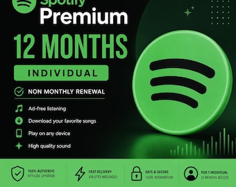 May include: A promotional graphic for Spotify Premium, featuring the Spotify logo and text. The text highlights a 12-month individual subscription with ad-free listening, song downloads, and high-quality sound. The background is dark green.