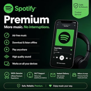 May include: A smartphone displaying the Spotify Premium interface with a green logo, next to black over-ear headphones. The graphic includes text detailing features like ad-free music, offline listening, and high-quality sound on a dark background.
