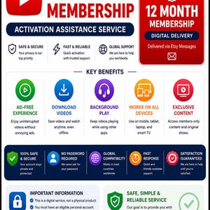 Może przedstawiać: Reklama usługi cyfrowej z czerwonym logo YouTube, promująca członkostwo premium. Kluczowe korzyści to brak reklam, pobieranie, odtwarzanie w tle i ekskluzywne treści. Podkreślono bezpieczeństwo, globalną kompatybilność i szybką reakcję.