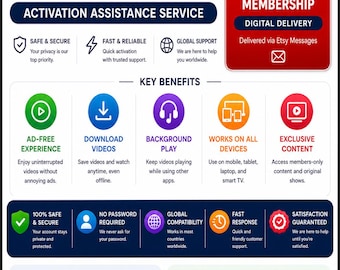 May include: A digital service advertisement with a red YouTube logo, promoting a premium membership with activation assistance. Key benefits include ad-free experience, downloads, background play, and exclusive content. The ad highlights safety, global compatibility, and fast response.