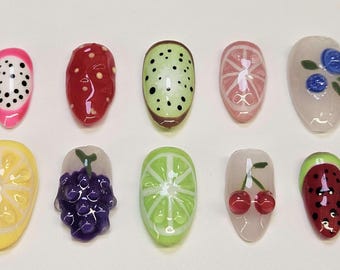 Ensemble d'ongles à presser avec fruits faits main, gel 3D, amandes courtes