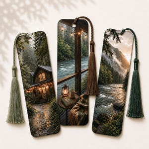 May include: Three rectangular bookmarks featuring nature scenes. The left shows a cabin with string lights, the center a river view from a porch with a lantern, and the right a mountain river at sunset. Each has a colored tassel attached at the top.