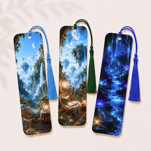 May include: Three rectangular bookmarks featuring fantasy landscape illustrations. The left bookmark has a blue tassel, the center a green tassel, and the right a dark blue tassel. Each depicts lush scenery with floating islands, waterfalls, and chairs.