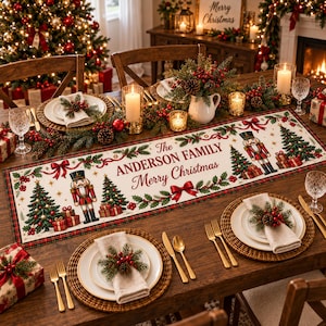 May include: A rectangular cream-colored table runner featuring a festive Christmas print with nutcrackers, pine trees, red bows, and holly. The text reads The ANDERSON FAMILY Merry Christmas. It is set on a wooden table with place settings.