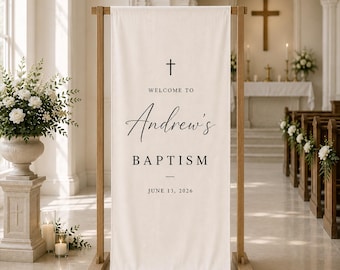 Plaque de bienvenue pour baptême personnalisée, bannière de baptême, bannière en lin, cadeau de baptême